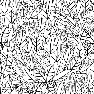 Doodle leaves seamless pattern. Whimsical plants coloring page. Black and white Stockillustratie