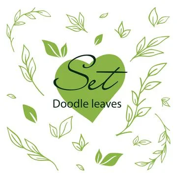 Doodle leaves set. Eco theme. Spring set. Green branches and leaves with hand Stock Illustration