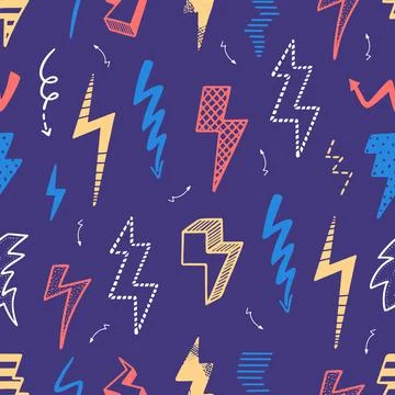 Doodle lightning seamless pattern. Sketch thunder lights, girlish print design Stock Illustration