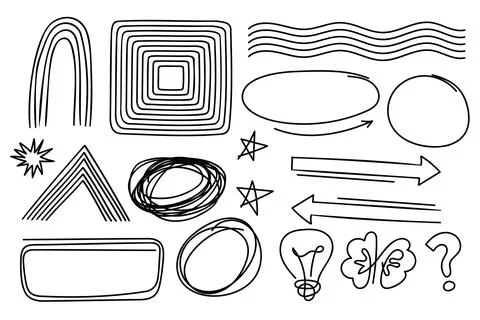 Doodle Line Art Drawing Scribble Set with Stars, Light Bulb, Arrow, and Bra.. Stock Illustration