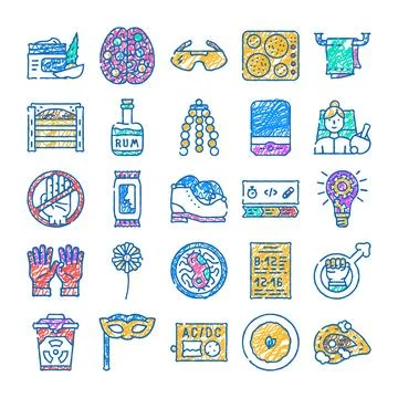 Doodle line art drawing various creative sketch icons Stock Illustration