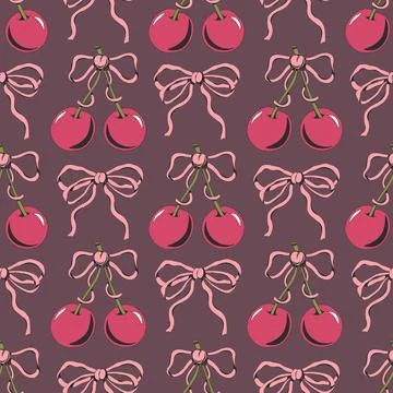 Doodle line art seamless pattern combining cherries and elegant ribbon bows イラスト素材
