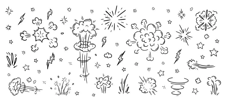 Doodle Line Firework Comic Vector Set. Cartoon Explosion Scribble Crayon. Speed Illustrazione stock