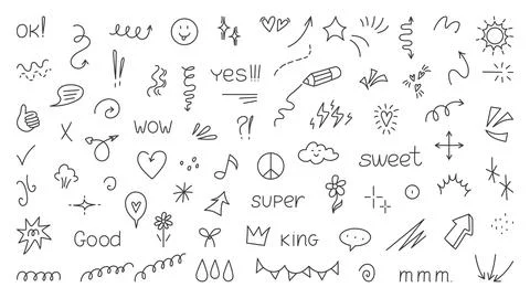 Doodle line glitter elements. Simple tiny lined arrows, springs, pennant banners Stock Illustration