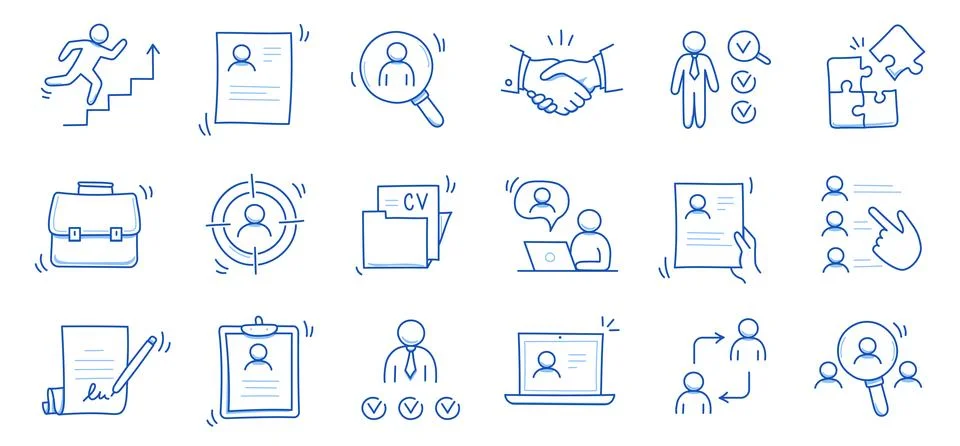 Doodle line icon set work, business job search. Doodle sketch hand drawn style Stock Illustration