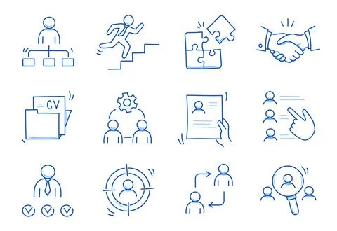 Doodle line icon set work, business job search. Doodle sketch hand drawn style Stock Illustration