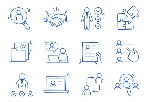 Doodle line icon set work, business job search. Doodle sketch hand drawn style Stock Illustration