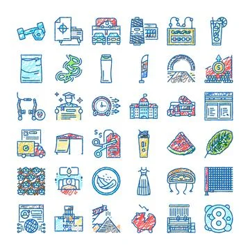 Doodle line icons set capturing diverse concepts Stock Illustration