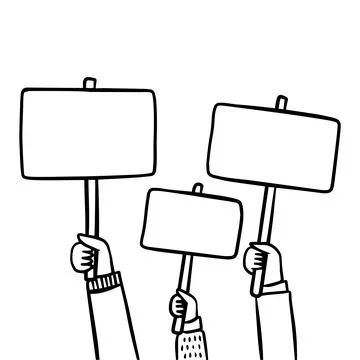 Doodle line illustration large crowd of people demonstrating with blank signs Stock Illustration