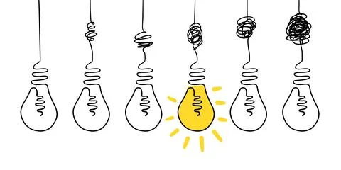 Doodle line lightbulb. Simple messy mind process, complicated simplicity path Stock Illustration