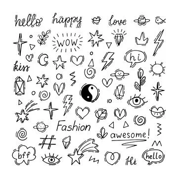 Doodle line set with different elements. Tattoo design. Cute hand drawn doo.. イラスト素材