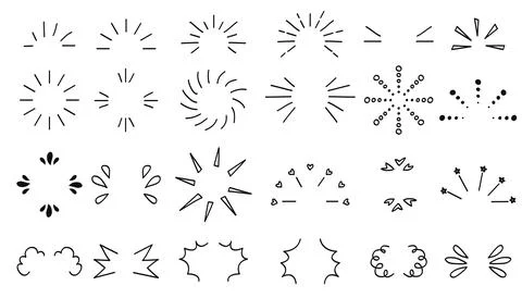 Doodle line sparkles and rays. Hand- drawn explosion lines confetti, sun bu.. Stock Illustration