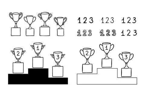 Doodle line trophy winner podium. Winners cups. Drawing icon. 1, 2, 3 place. Win Stock Illustration