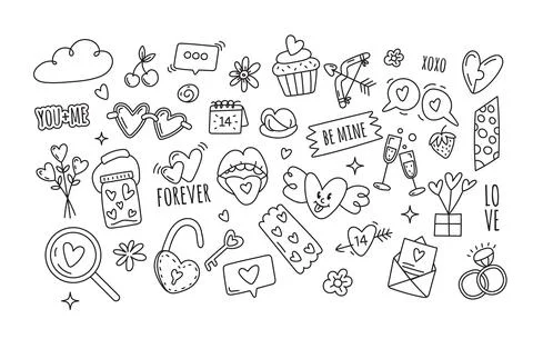 Doodle love elements set for valentines day on white background Stock Illustration