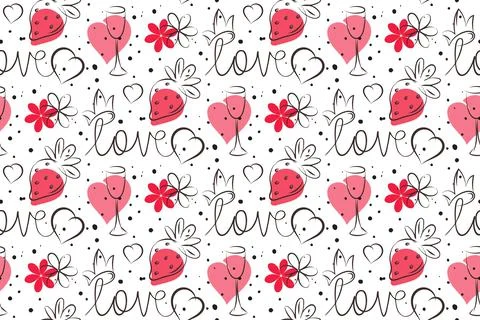 Doodle love seamless pattern. Sketch ink brush hand drawn grey contour line Stock Illustration