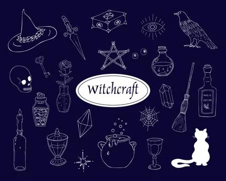 Doodle magic items, bottles of magic poison, witch book, and sorcerer, taro.. Stock Illustration