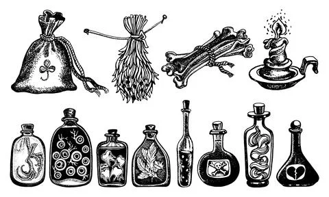 Doodle magic items set, Halloween collection, esoteric illustration set, vector  Stock-Illustration