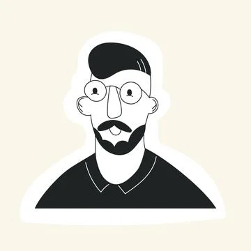 Doodle man face avatar with mustache beard haircut and glasses. Hipster guy Stock Illustration