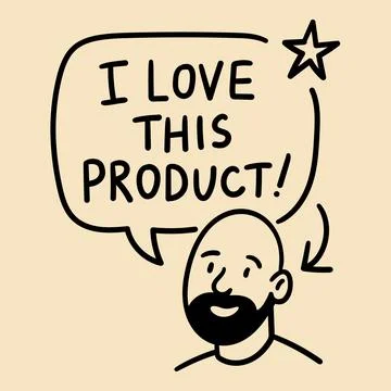 Doodle man with speech bubble I love this product positive review hand draw.. Stock Illustration