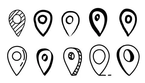 Doodle map pin, hand drawn navigation, sign location. Set isolated on white Illustrazione stock