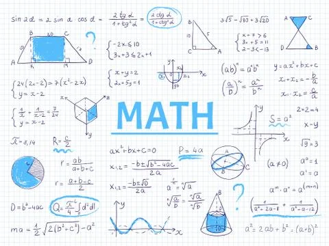 Doodle math. Algebra and geometry school equation and graphs, hand drawn physics Illustrazione stock