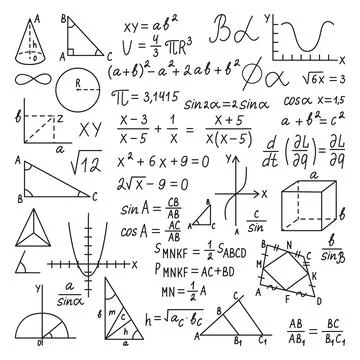 Doodle math, formula maths and mathematics scribble homework. Various charts and Stock Illustration
