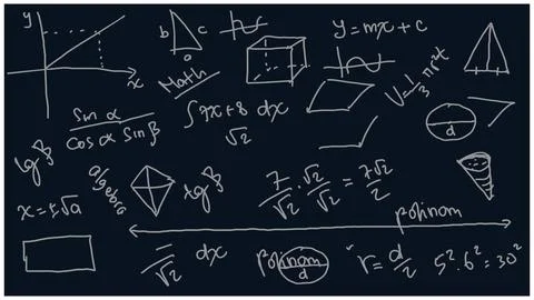 Doodle math formulas and numbers on black background. Stock Illustration