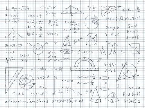 Doodle math. Physics and geometry formulas end equations, school science graphs Stockillustratie