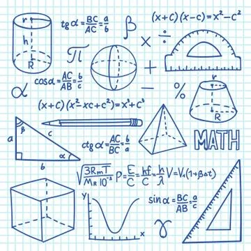 Doodle maths and geometry concept. Trigonometry functions, charts and Stock Illustration