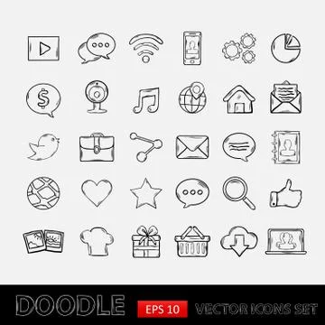 Doodle mobile apps icons set Stock Illustration