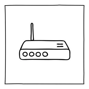 Doodle modem router icon or logo, hand drawn with thin black line. Stock Illustration