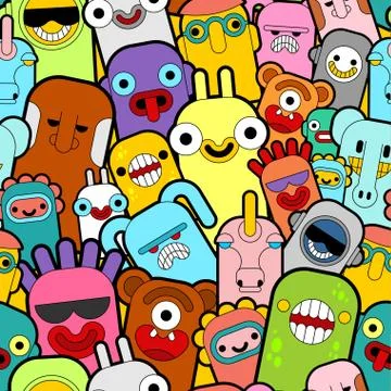 Doodle monster pattern seamless Color. Cartoon character background. vector t Stock Illustration