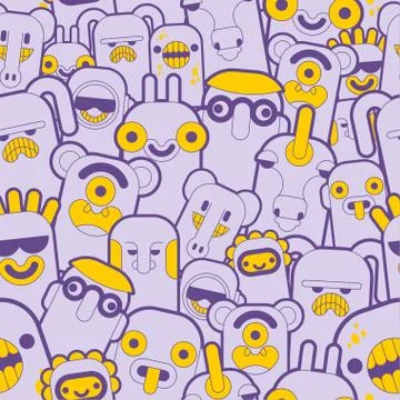 Doodle monster pattern seamless purple. Cartoon character background. vector  Stock Illustration