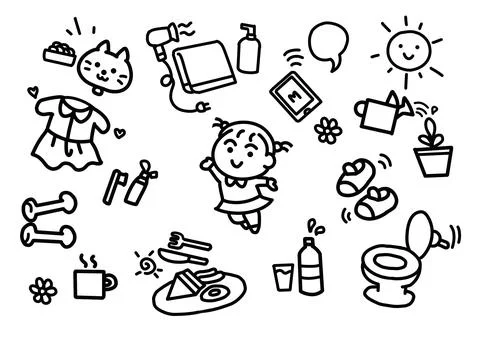 Doodle morning routine icon set Stock Illustration
