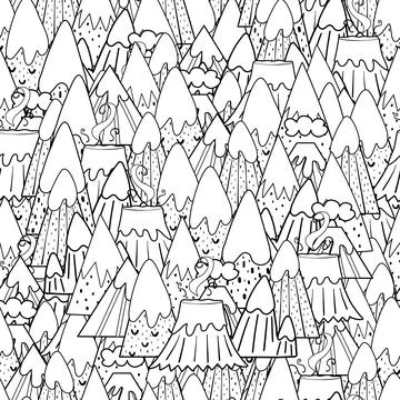 Doodle mountains seamless pattern. Fantasy nature coloring page. Black and white Stock Illustration