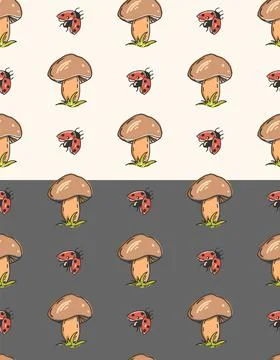 Doodle mushroom seamless pattern. Hand drawn ink brush stroke, cartoon colored Stock Illustration