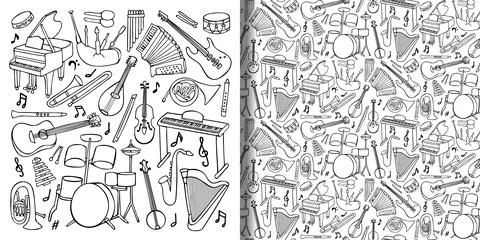 Doodle music instruments set and seamless pattern Stock Illustration