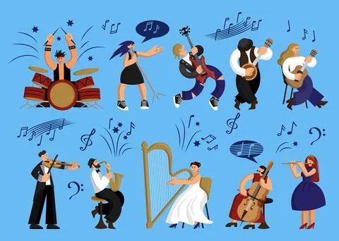 Doodle musicians, jazz music people. Cute funny band, art notes, woman and .. Stock Illustration