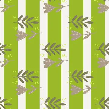 Doodle nature cute seamless pattern with leaf branches and flowers. Striped b Illustrazione stock