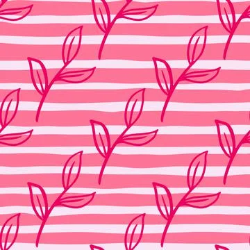 Doodle nature seamless pattern with hand drawn outline leaf ornament. Pink st Illustrazione stock