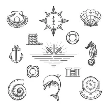 Doodle Nautical Decor Element Set Stock Illustration