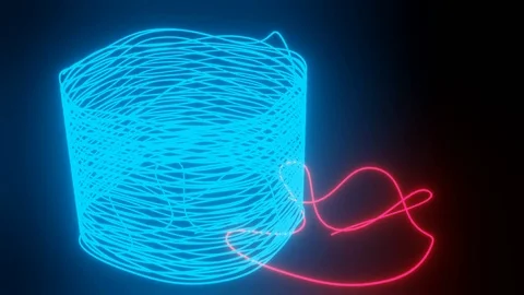 Doodle neon 3d objects on black background. Rendering of two wire abstract Stock Footage 124338671