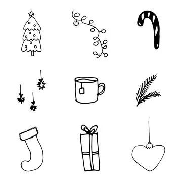 Doodle new year drawing set. Hand drawn ink holiday elements collection. Stock Illustration