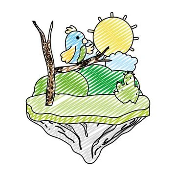 Doodle nice bear with branch in the float island Stock Illustration