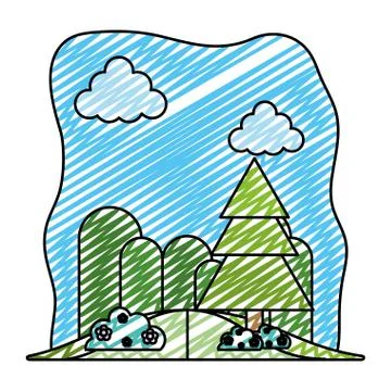 Doodle nice mountains with pine tree and flowers Stock Illustration