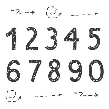Doodle numbers with arrow texture, black and white font from mathematics, vector Stock Illustration