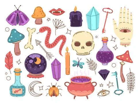Doodle occult elements. Hand drawn stickers, wizard boho signs. Alchemy or fairy Illustrazione stock