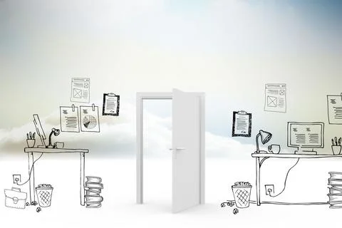 Doodle office in clouds with door Stock Illustration