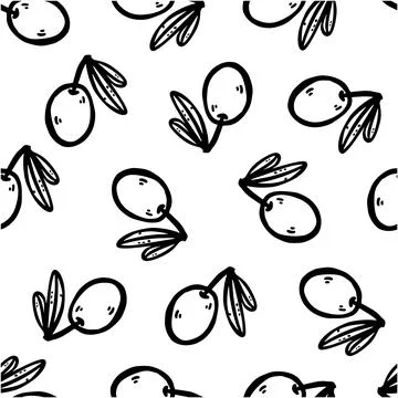 Doodle olives seamless pattern. Repeating whole olives isolated on white back Stock Illustration
