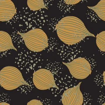 Doodle onion seamless pattern on black background. Organic texture. Illustrazione stock
